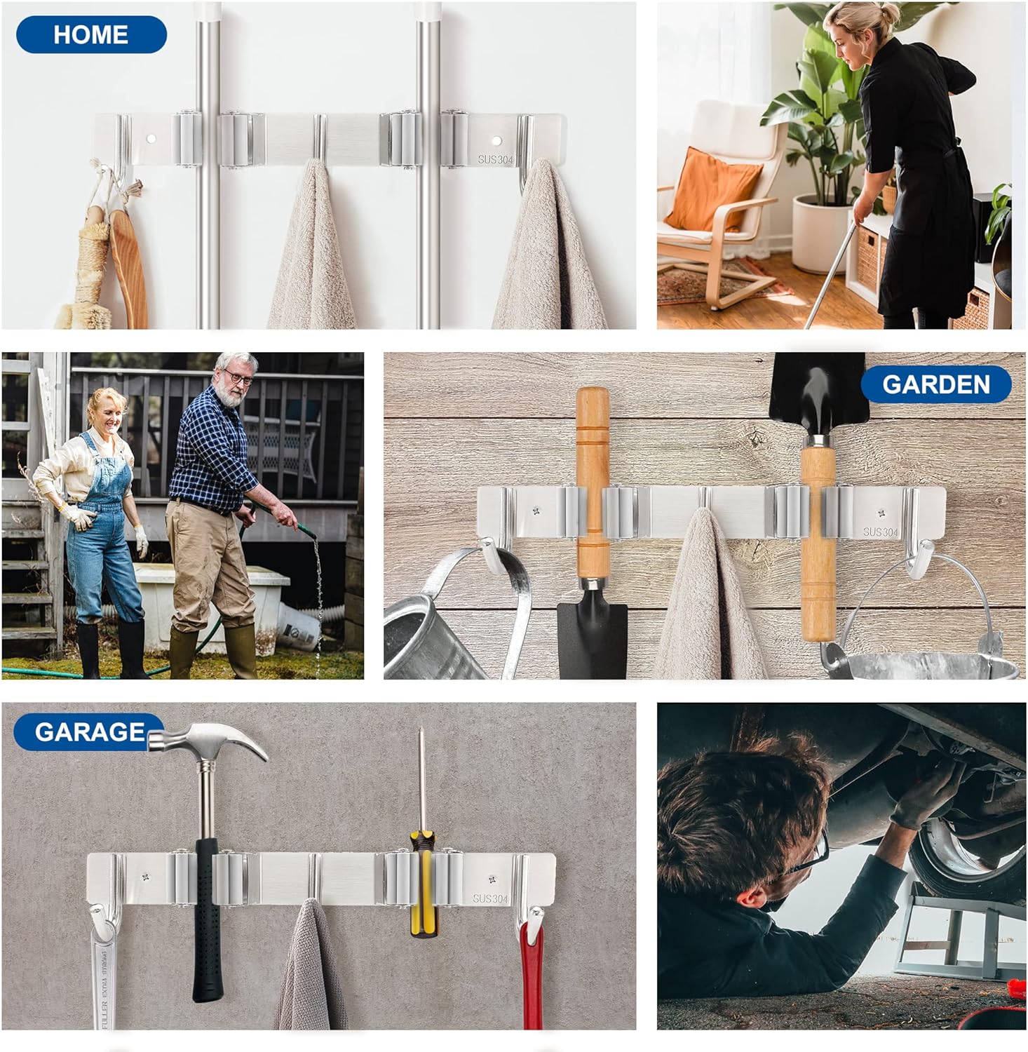 Mop Broom Holder Wall Mounted Heavy Duty Clips & Hangers Storage Rack 2 Hooks