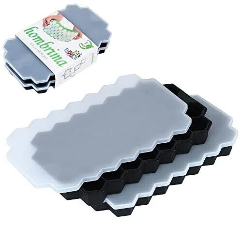 2 Pack Ice Cube Tray Silicone Honeycomb Shape 37 Cubes Each Tray with Lids Black